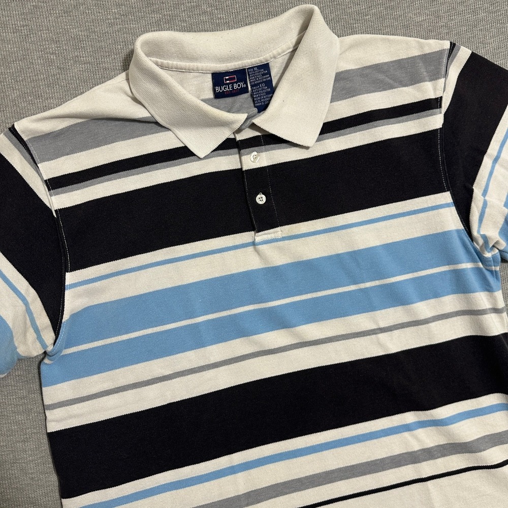 Y2K Bugle Boy Multi Stripe Short Sleeve Polo Shirt White Black Baby Blue X-Large